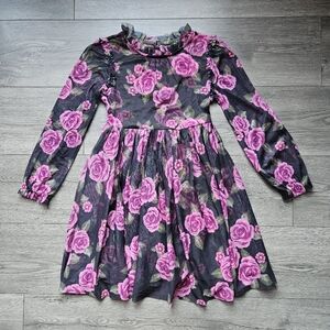 Zac Posen Kids Floral Mesh Long sleeve Dress size 7/8 Black, Pink